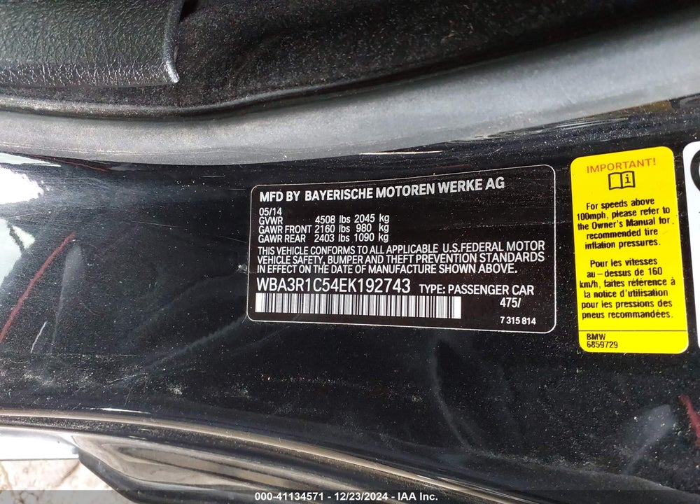 2014 BMW 435I VIN: WBA3R1C54EK192743