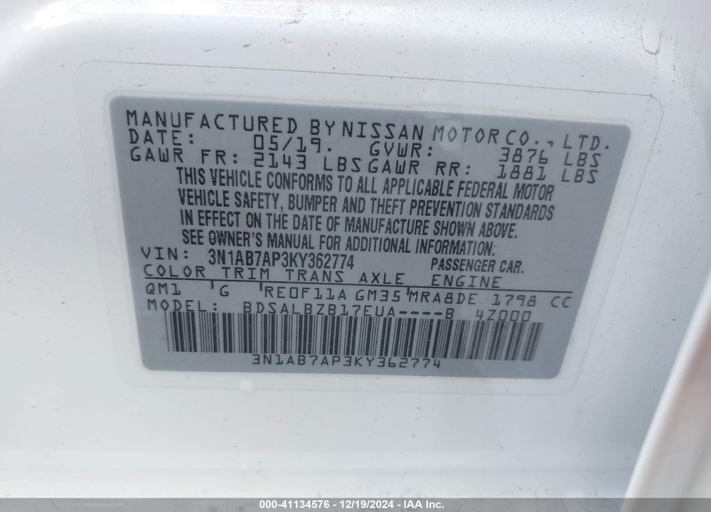 2019 NISSAN SENTRA VIN: 3N1AB7AP3KY362774
