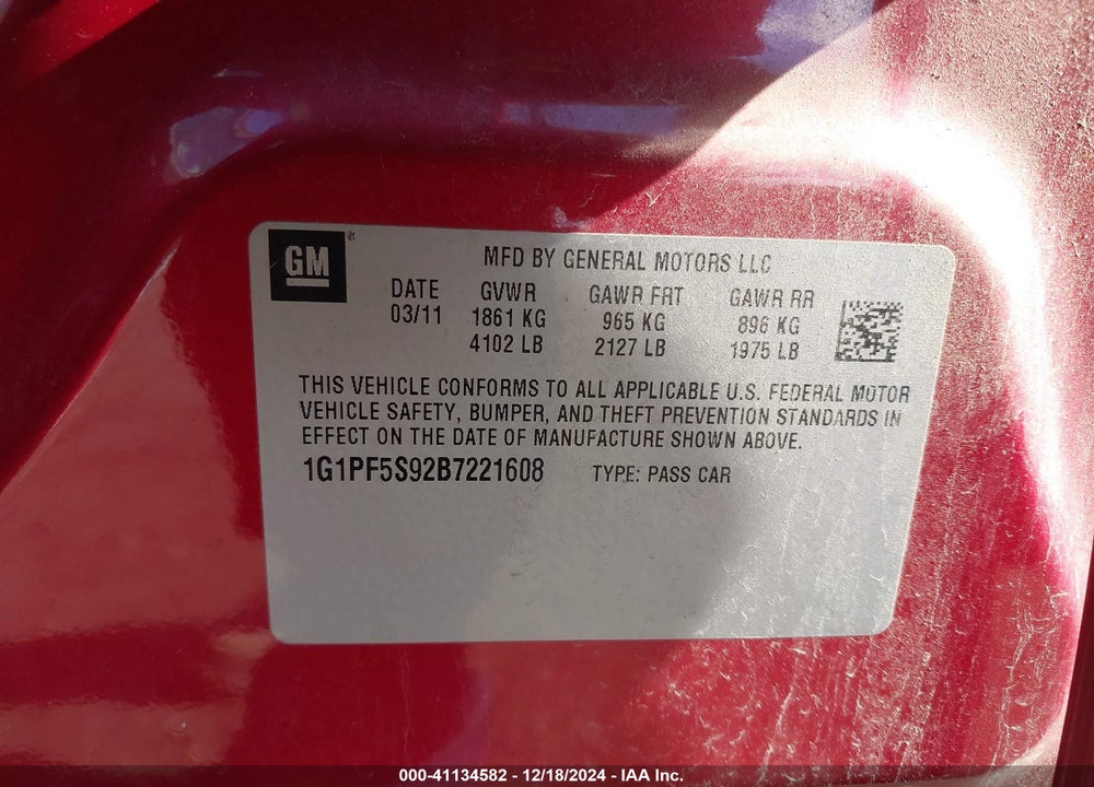 2011 CHEVROLET CRUZE 1LT VIN: 1G1PF5S92B7221608