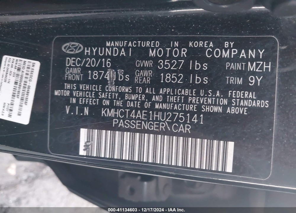2017 HYUNDAI ACCENT SE VIN: KMHCT4AE1HU275141