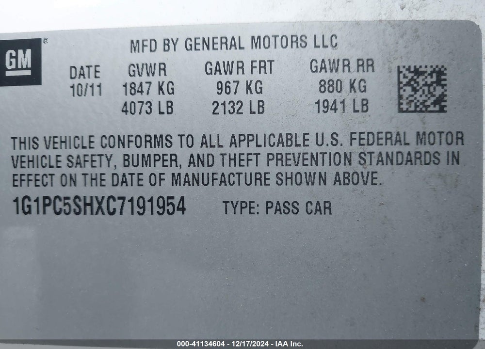 2012 CHEVROLET CRUZE LS VIN: 1G1PC5SHXC7191954