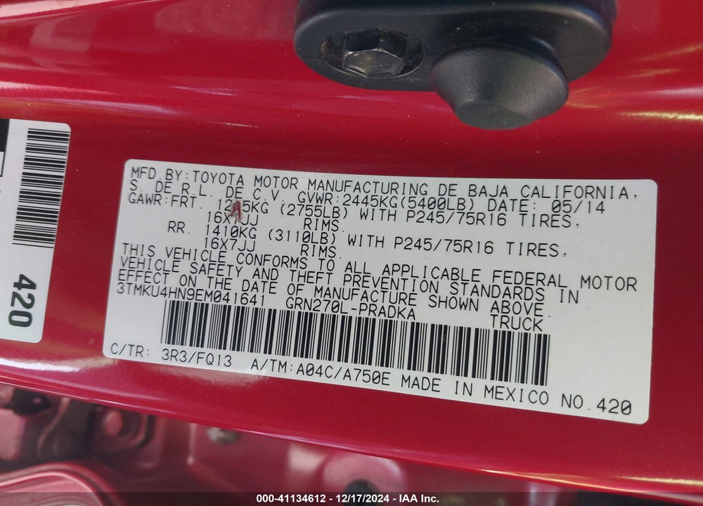 2014 TOYOTA TACOMA PRERUNNER V6 VIN: 3TMKU4HN9EM041641
