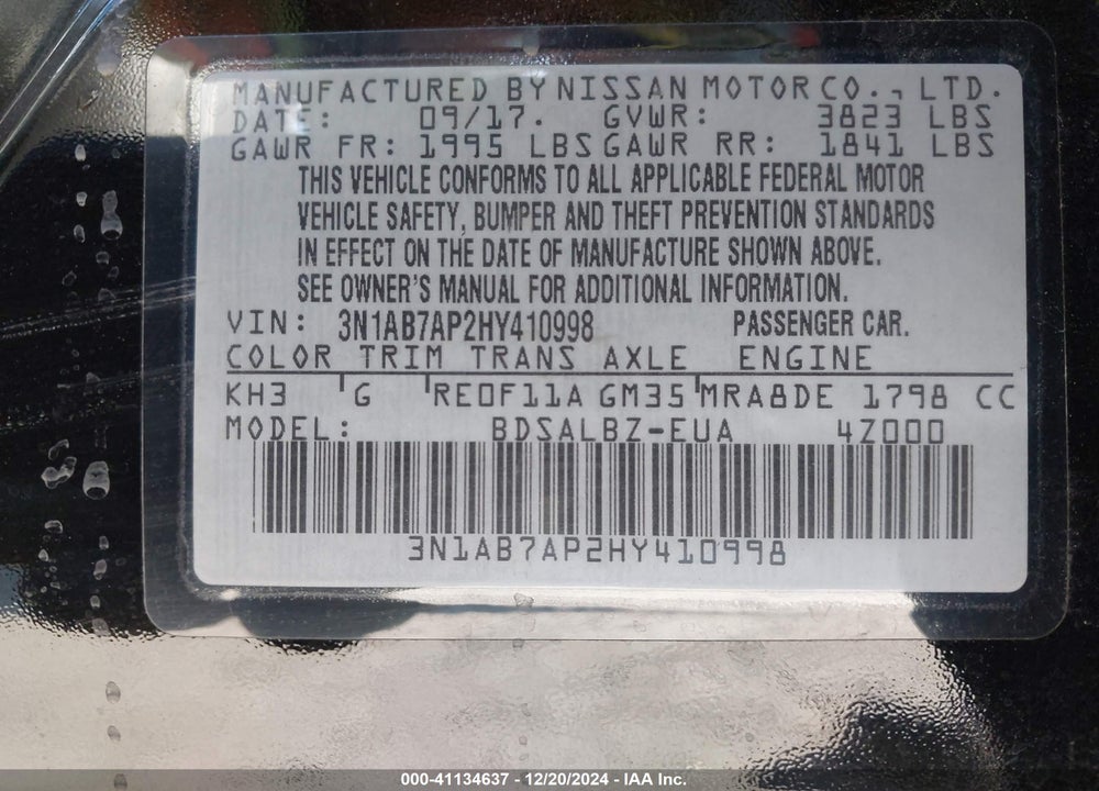2017 NISSAN SENTRA S VIN: 3N1AB7AP2HY410998
