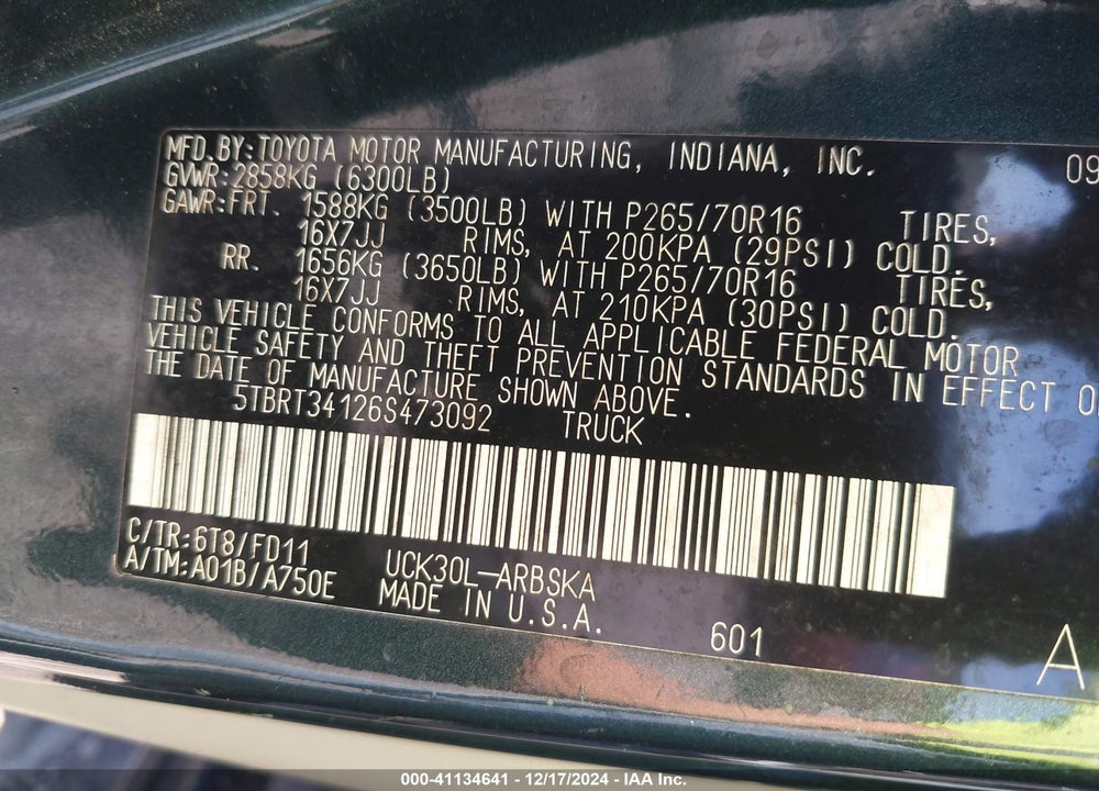 2006 TOYOTA TUNDRA SR5 V8 VIN: 5TBRT34126S473092