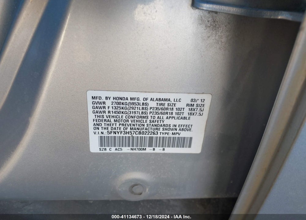 2012 HONDA PILOT EX-L VIN: 5FNYF3H57CB022263