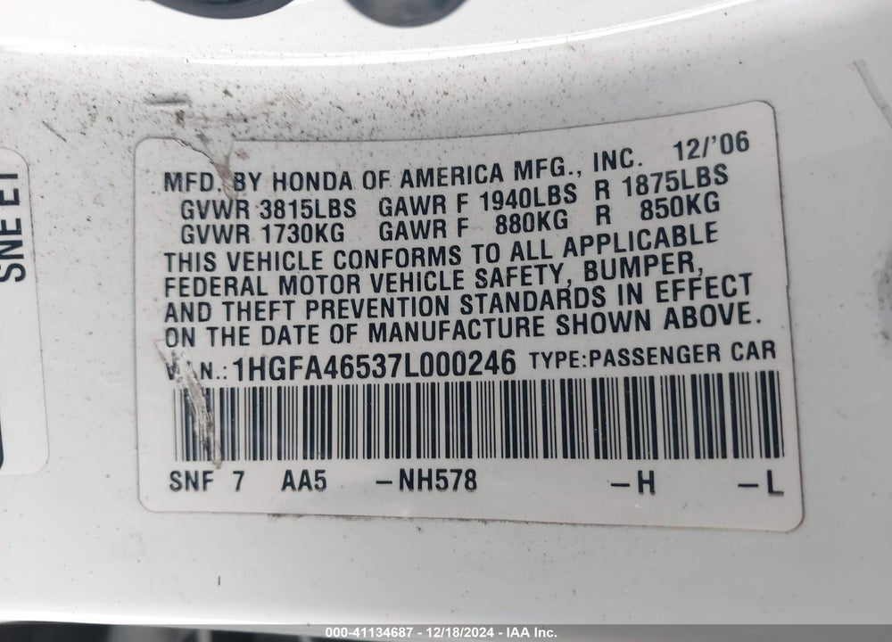 2007 HONDA CIVIC VIN: 1HGFA46537L000246