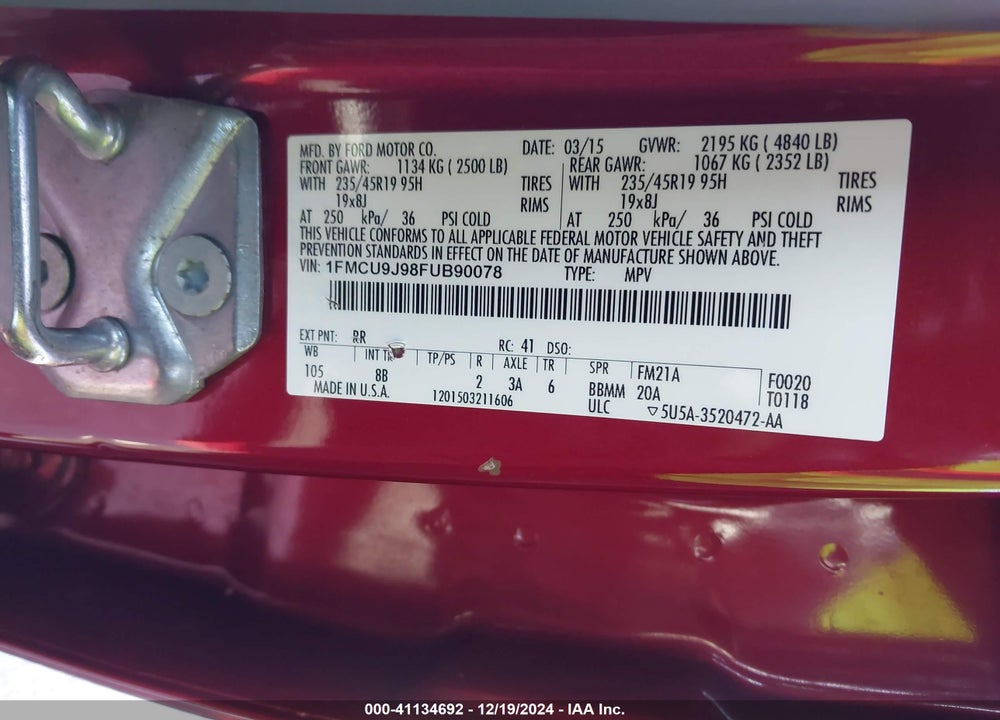 2015 FORD ESCAPE TITANIUM VIN: 1FMCU9J98FUB90078