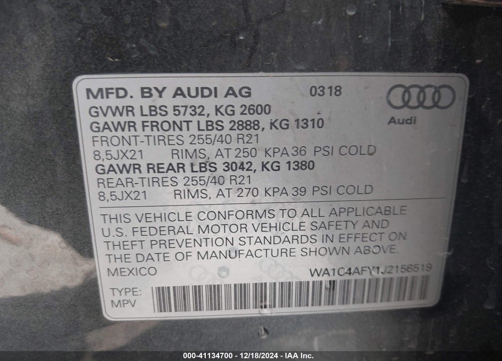 2018 AUDI SQ5 3.0T PREMIUM PLUS VIN: WA1C4AFY1J2156519