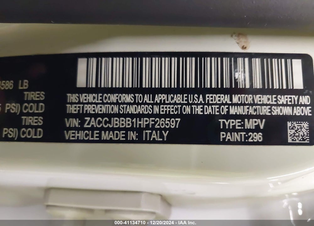 2017 JEEP RENEGADE ALTITUDE 4X4 VIN: ZACCJBBB1HPF26597