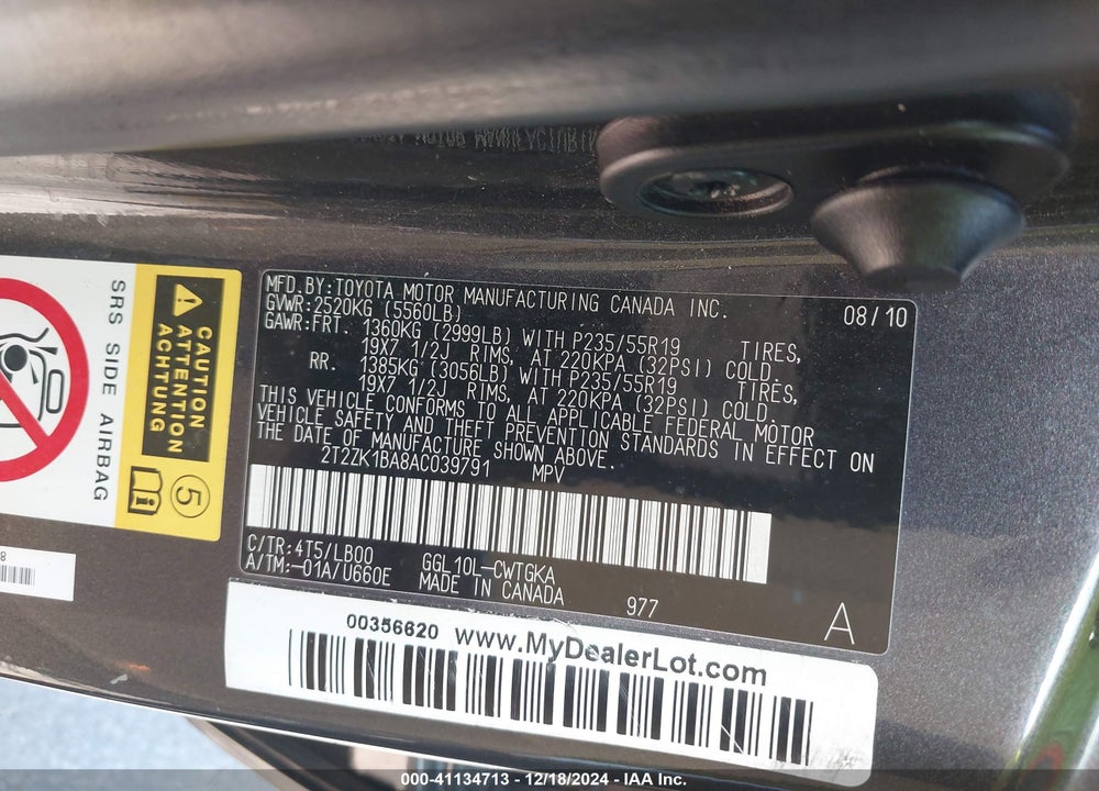 2010 LEXUS RX 350 VIN: 2T2ZK1BA8AC039791