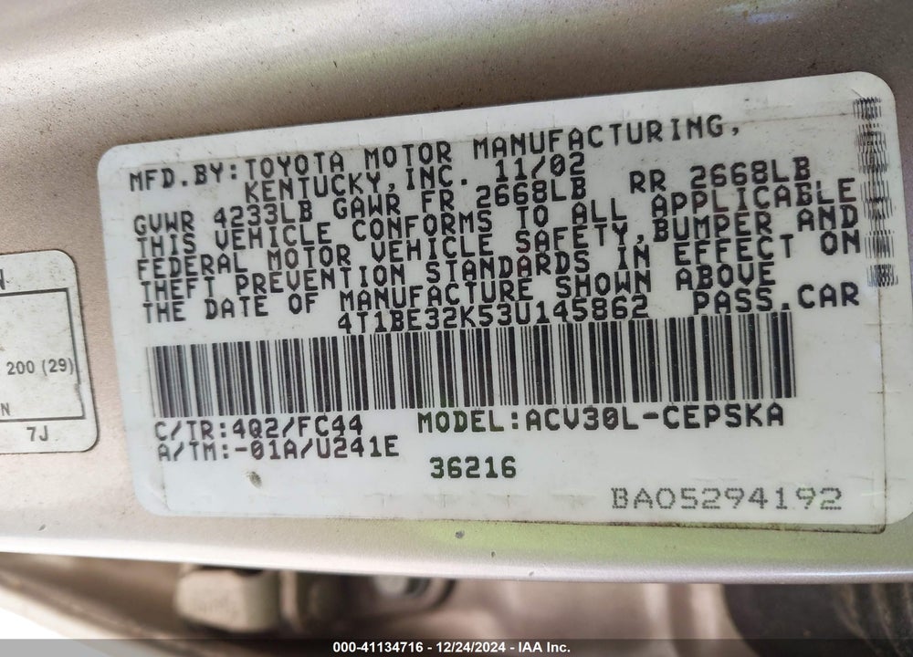 2003 TOYOTA CAMRY SE VIN: 4T1BE32K53U145862