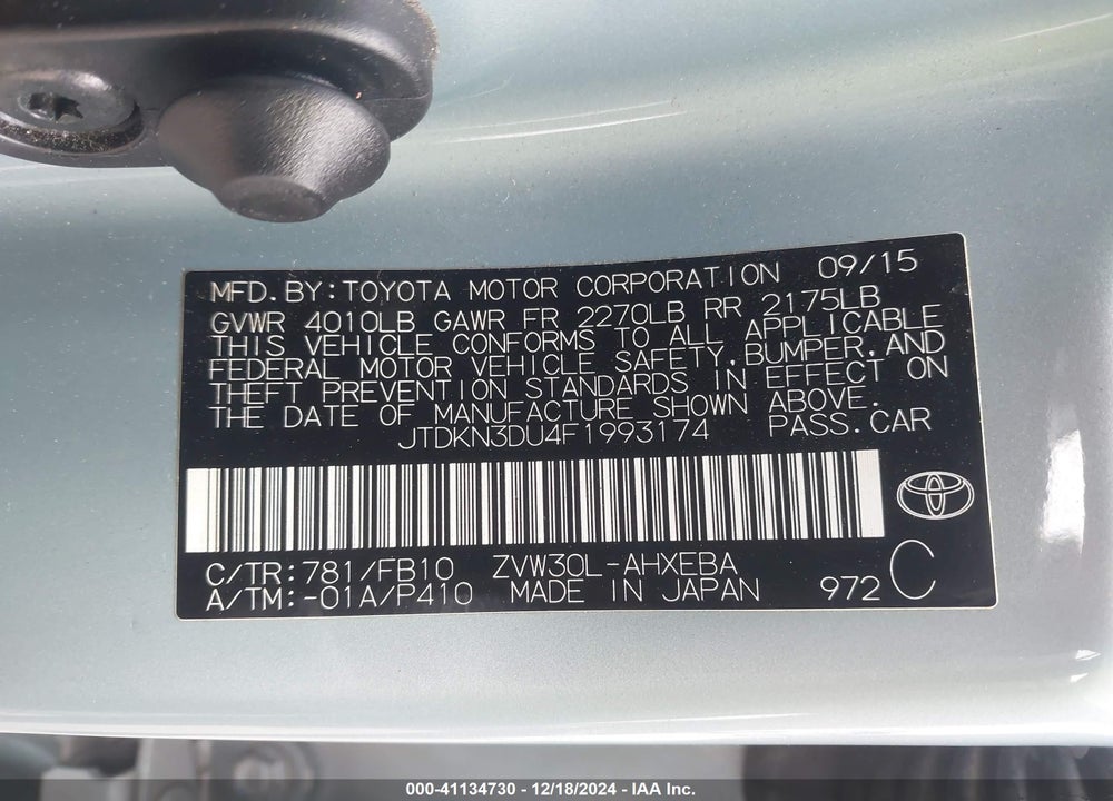 2015 TOYOTA PRIUS TWO VIN: JTDKN3DU4F1993174