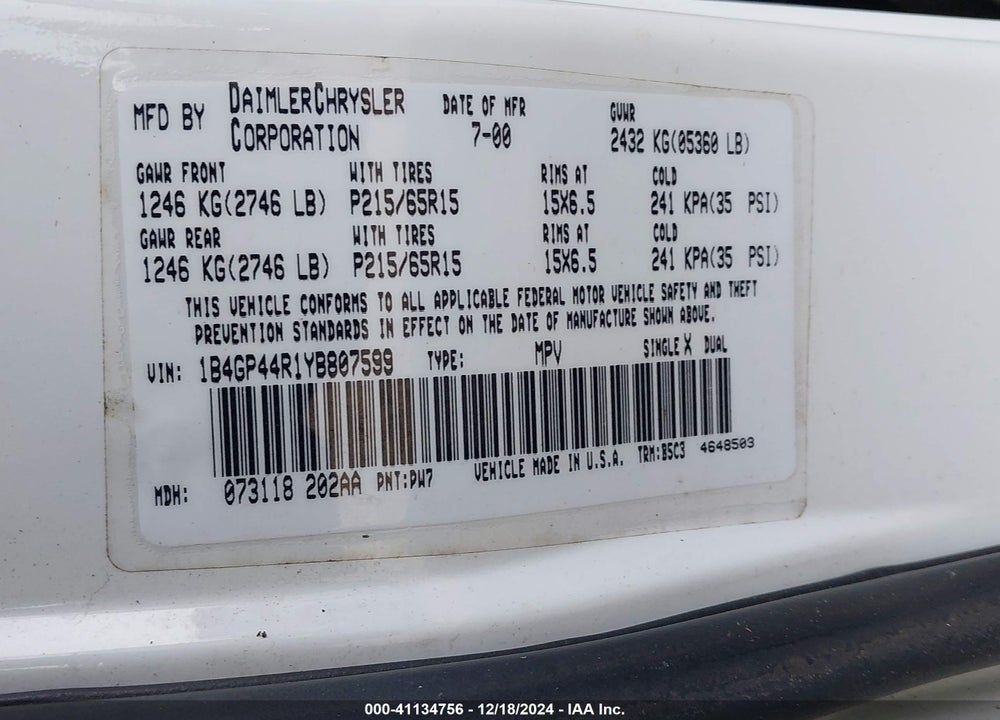 2000 DODGE GRAND CARAVAN SE VIN: 1B4GP44R1YB807599