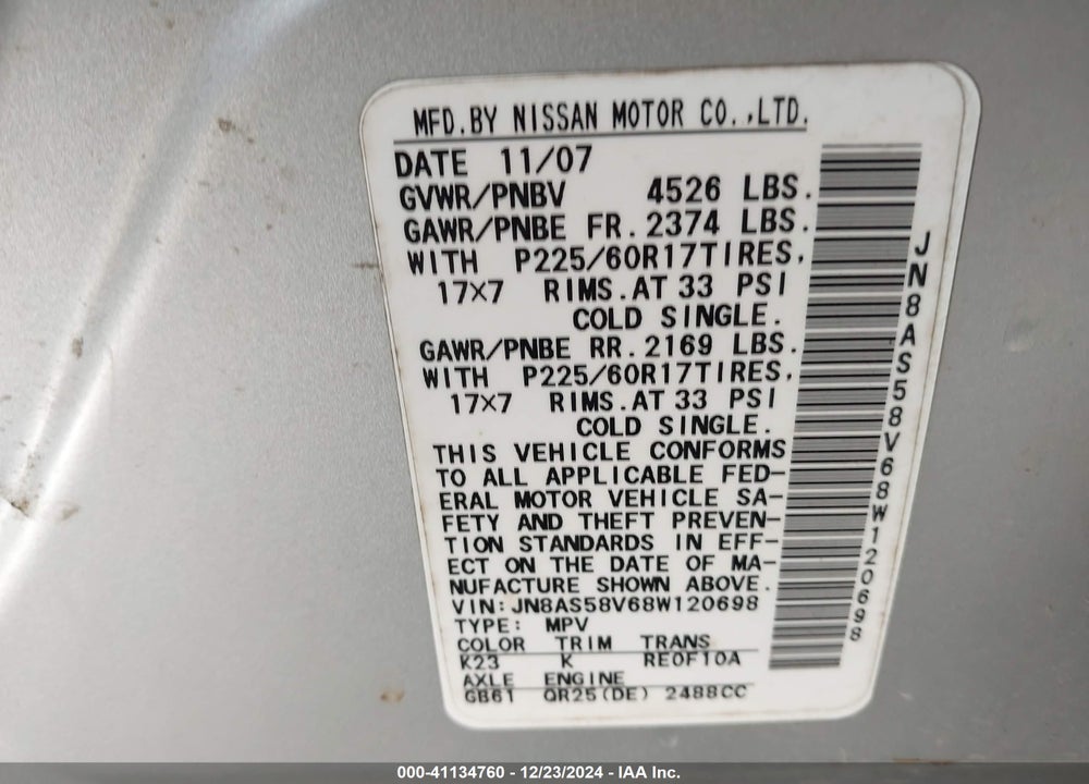 2008 NISSAN ROGUE SL VIN: JN8AS58V68W120698