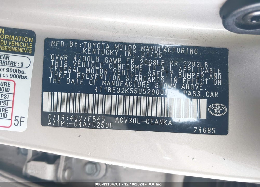 2005 TOYOTA CAMRY LE VIN: 4T1BE32K55U529000