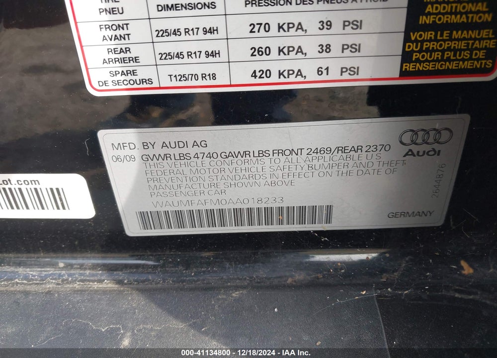 2010 AUDI A3 2.0T PREMIUM VIN: WAUMFAFM0AA018233