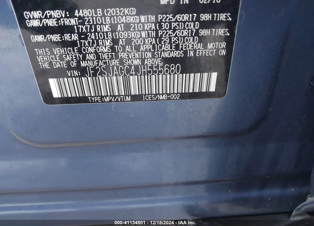 2018 SUBARU FORESTER 2.5I PREMIUM VIN: JF2SJAGC4JH555680