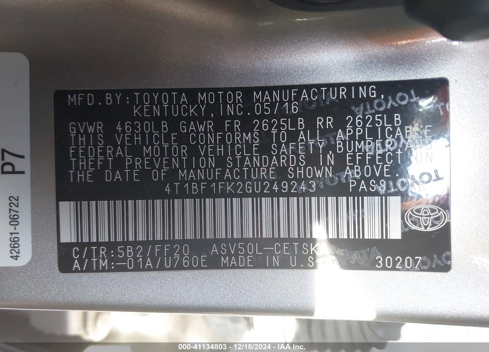 2016 TOYOTA CAMRY VIN: 4T1BF1FK2GU249243
