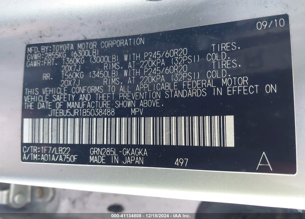 2011 TOYOTA 4RUNNER LIMITED V6 VIN: JTEBU5JR1B5038488