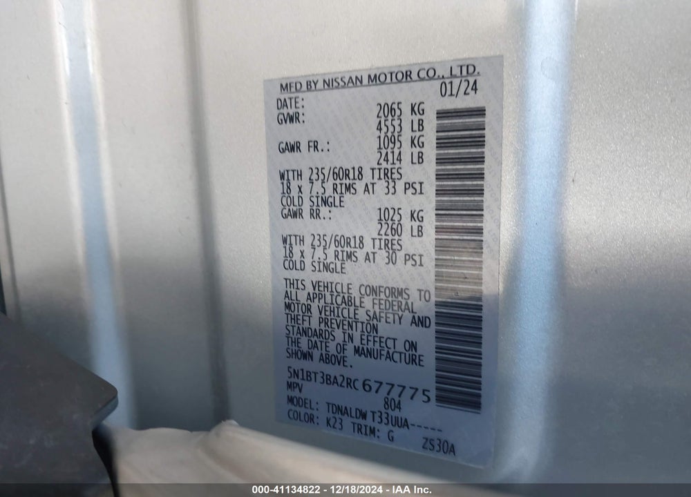 2024 NISSAN ROGUE SV FWD VIN: 5N1BT3BA2RC677775