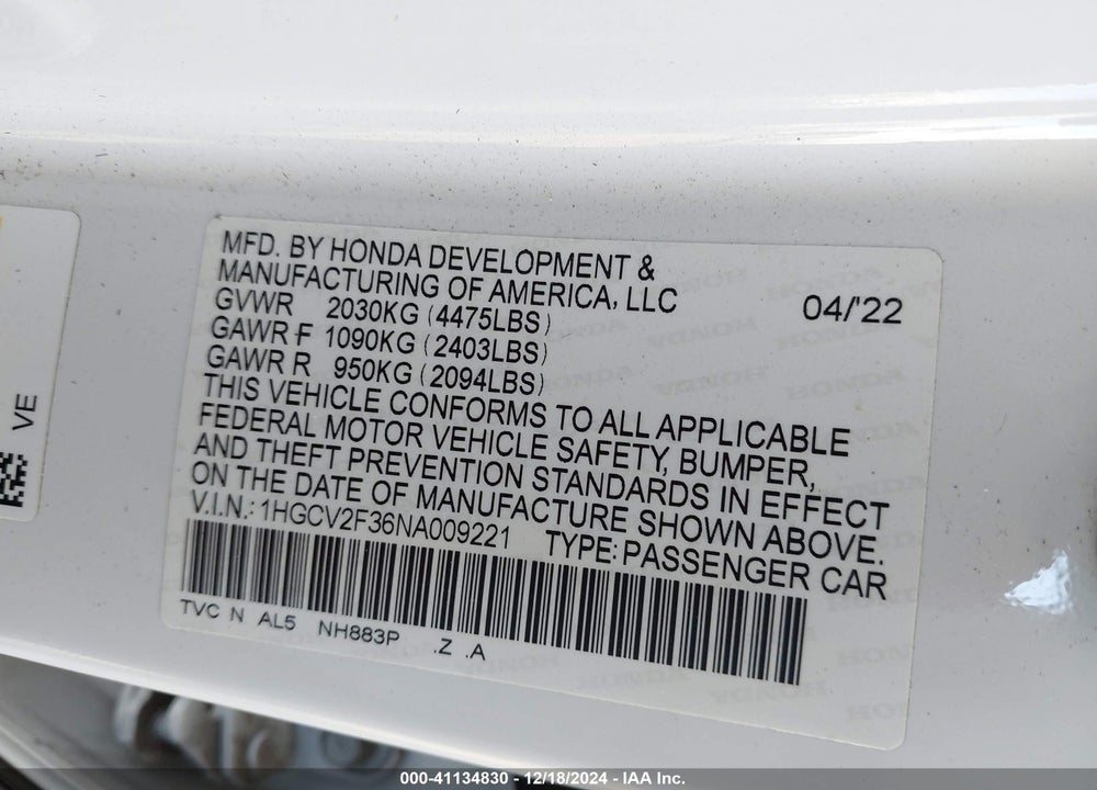 2022 HONDA ACCORD VIN: 1HGCV2F36NA009221
