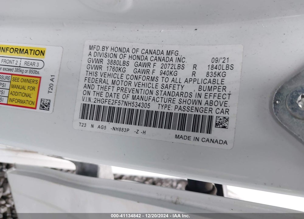 2022 HONDA CIVIC VIN: 2HGFE2F57NH534305