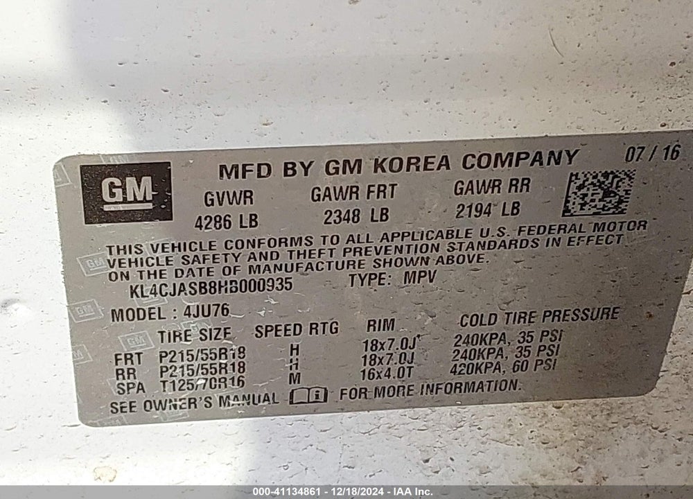 2017 BUICK ENCORE PREFERRED VIN: KL4CJASB8HB000935