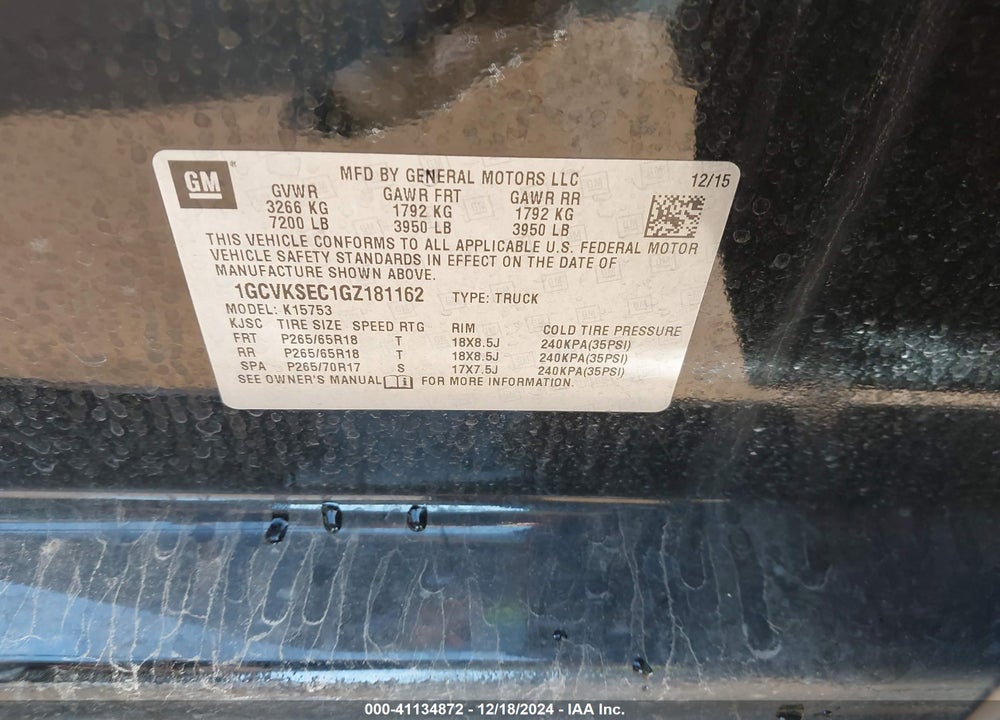 2016 CHEVROLET SILVERADO VIN: 1GCVKSEC1GZ181162