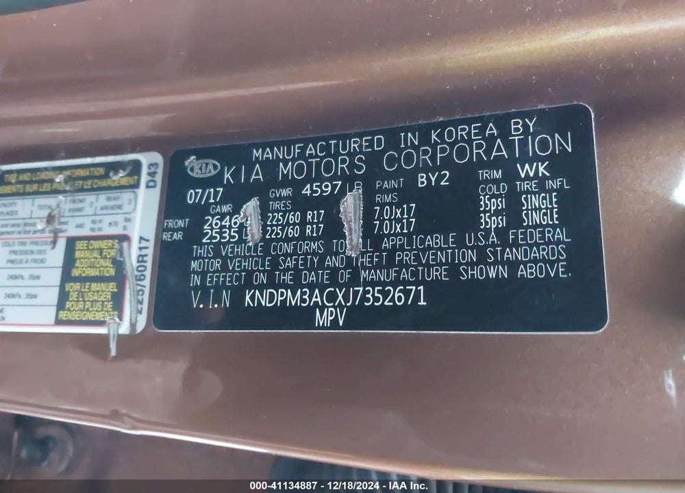 2018 KIA SPORTAGE LX VIN: KNDPM3ACXJ7352671