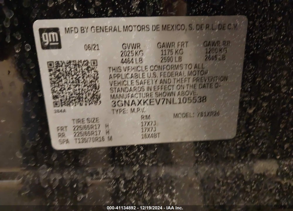 2022 CHEVROLET EQUINOX VIN: 3GNAXKEV7NL105538
