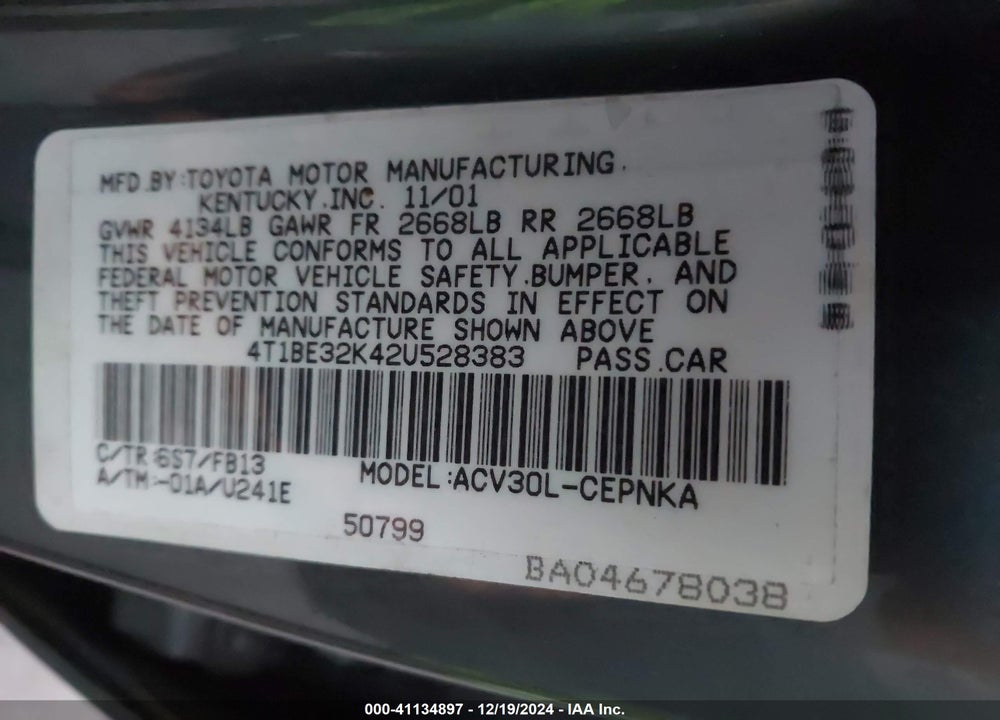 2002 TOYOTA CAMRY LE VIN: 4T1BE32K42U528383