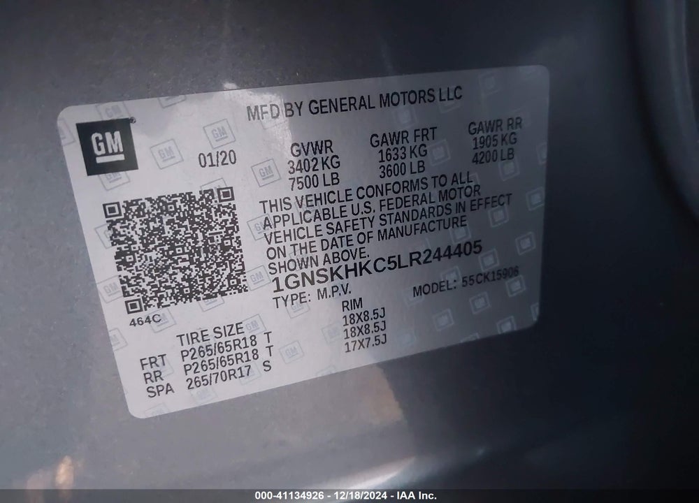 2020 CHEVROLET SUBURBAN 4WD LT VIN: 1GNSKHKC5LR244405