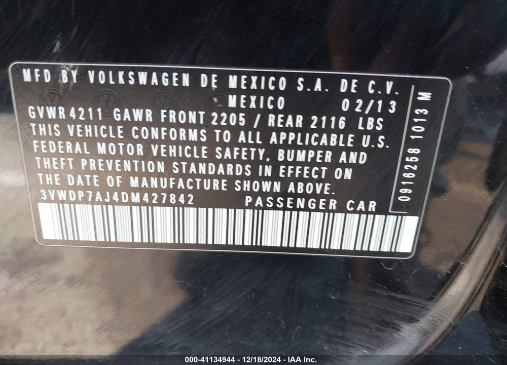 2013 VOLKSWAGEN JETTA 2.5L SE VIN: 3VWDP7AJ4DM427842
