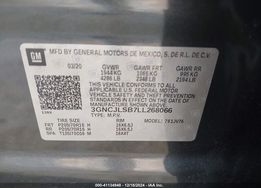 2020 CHEVROLET TRAX FWD LT VIN: 3GNCJLSB7LL268066