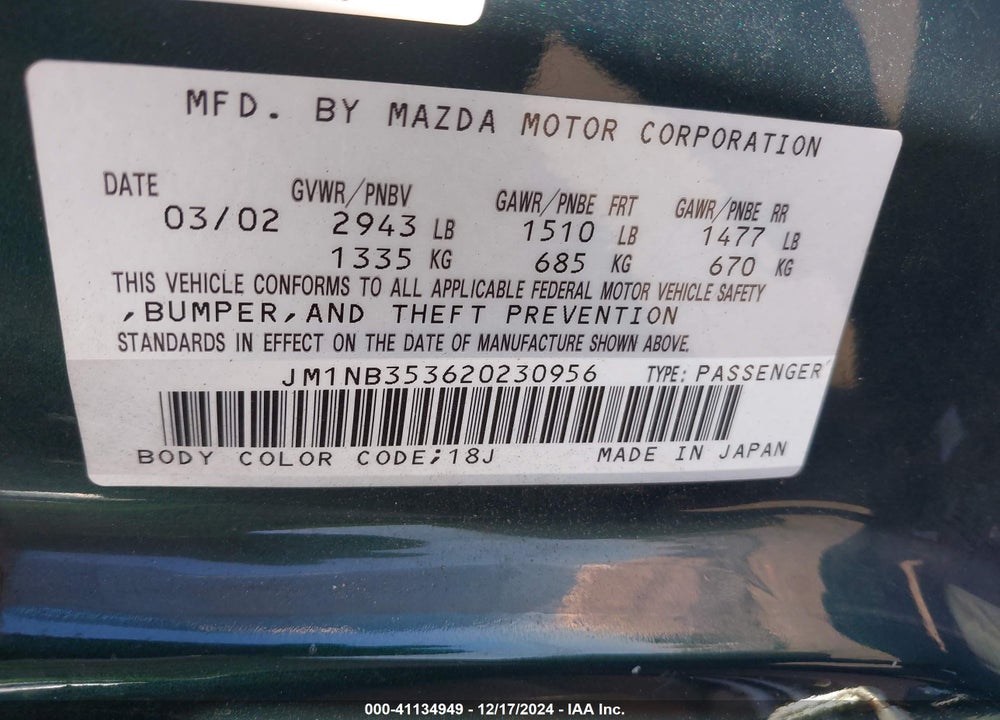 2002 MAZDA MX-5 MIATA CLOTH/LS/SE VIN: JM1NB353620230956