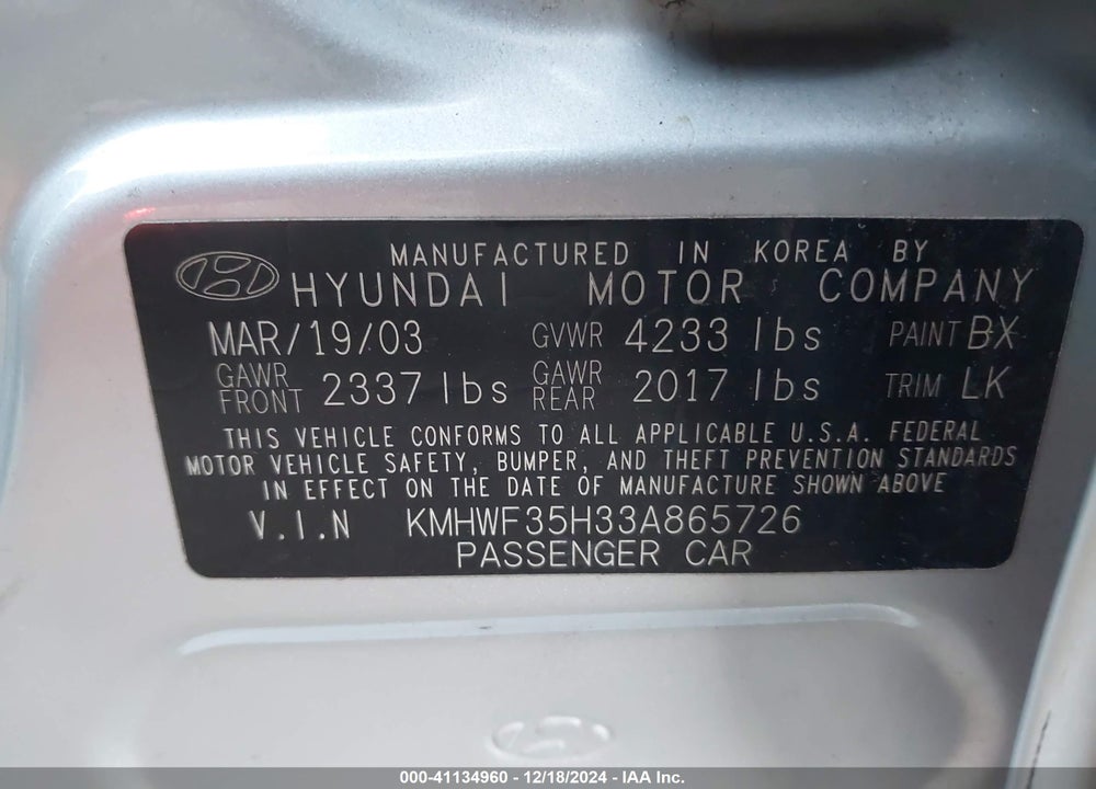 2003 HYUNDAI SONATA GLS/LX VIN: KMHWF35H33A865726