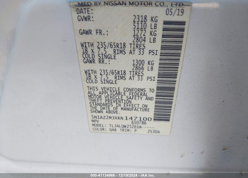 2019 NISSAN MURANO VIN: 5N1AZ2MJXKN147100