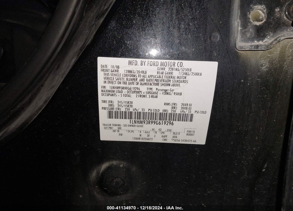 2009 LINCOLN MKS VIN: 1LNHM93R99G619296