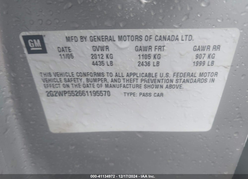 2006 PONTIAC GRAND PRIX VIN: 2G2WP552661195570
