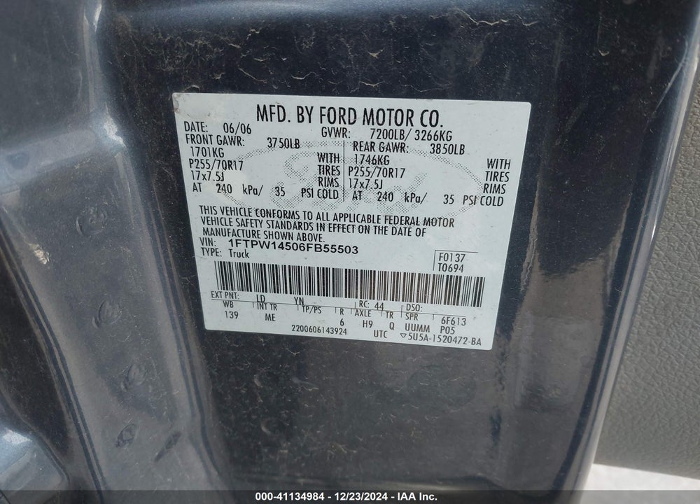 2006 FORD F-150 VIN: 1FTPW14506FB55503