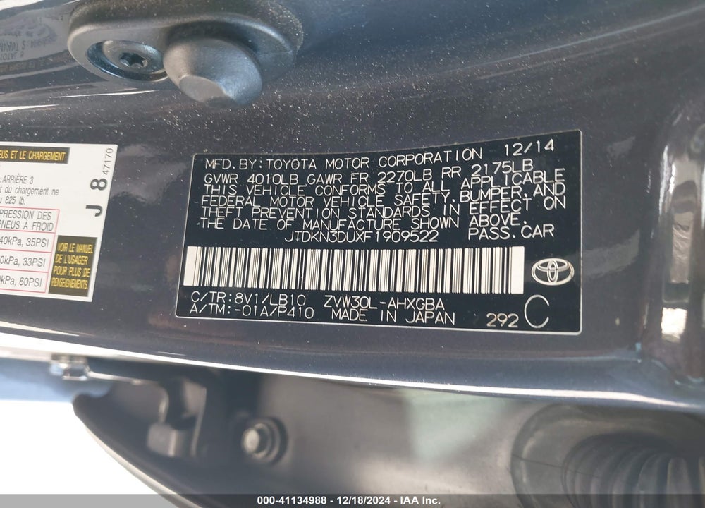 2015 TOYOTA PRIUS VIN: JTDKN3DUXF1909522