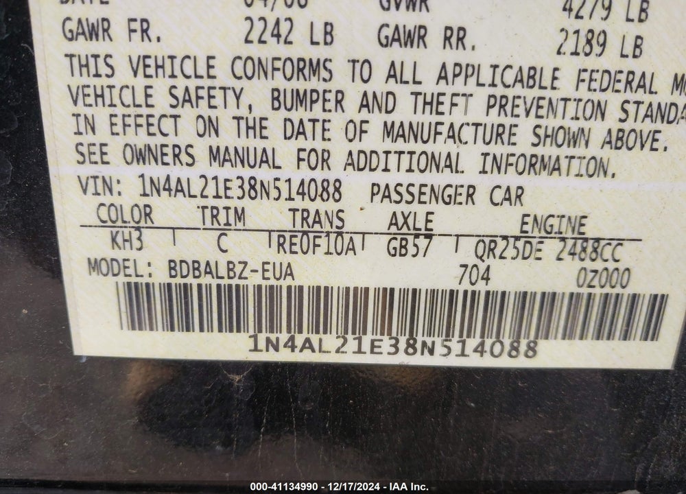 2008 NISSAN ALTIMA 2.5 S VIN: 1N4AL21E38N514088