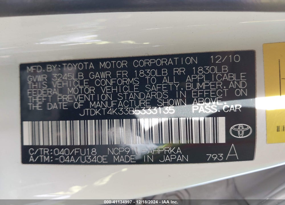 2011 TOYOTA YARIS VIN: JTDKT4K33B5333135