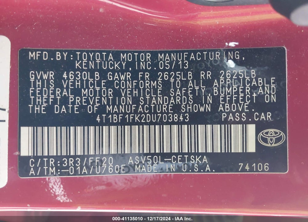 2013 TOYOTA CAMRY VIN: 4T1BF1FK2DU703843