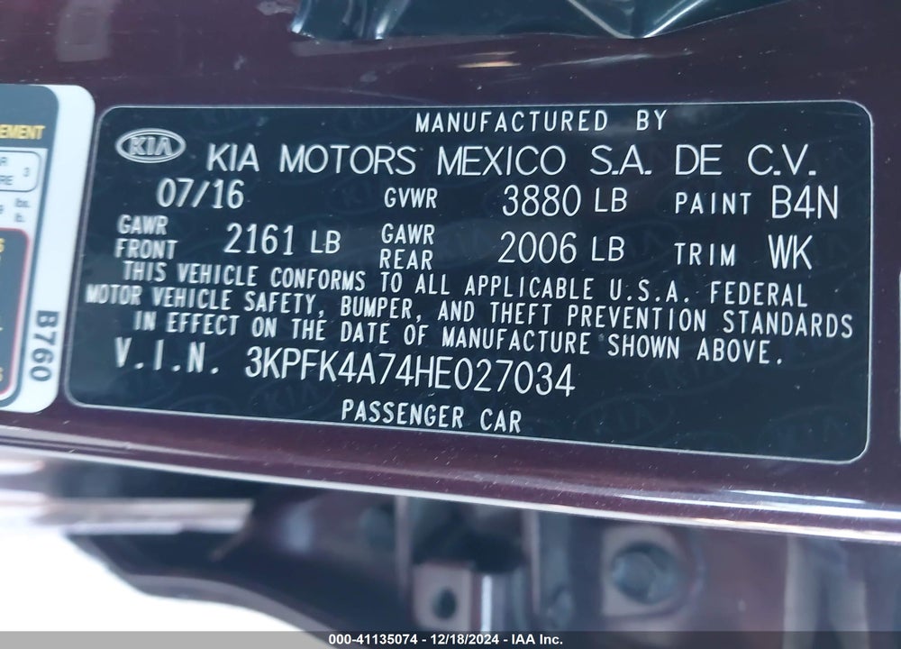 2017 KIA FORTE LX VIN: 3KPFK4A74HE027034