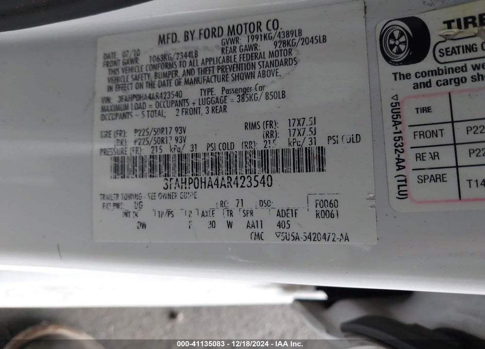 2010 FORD FUSION SE VIN: 3FAHP0HA4AR423540