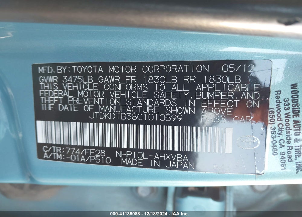 2012 TOYOTA PRIUS C TWO VIN: JTDKDTB38C1010599