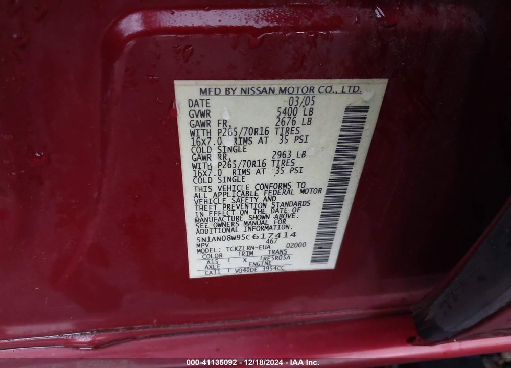 2005 NISSAN XTERRA S VIN: 5N1AN08W95C617414