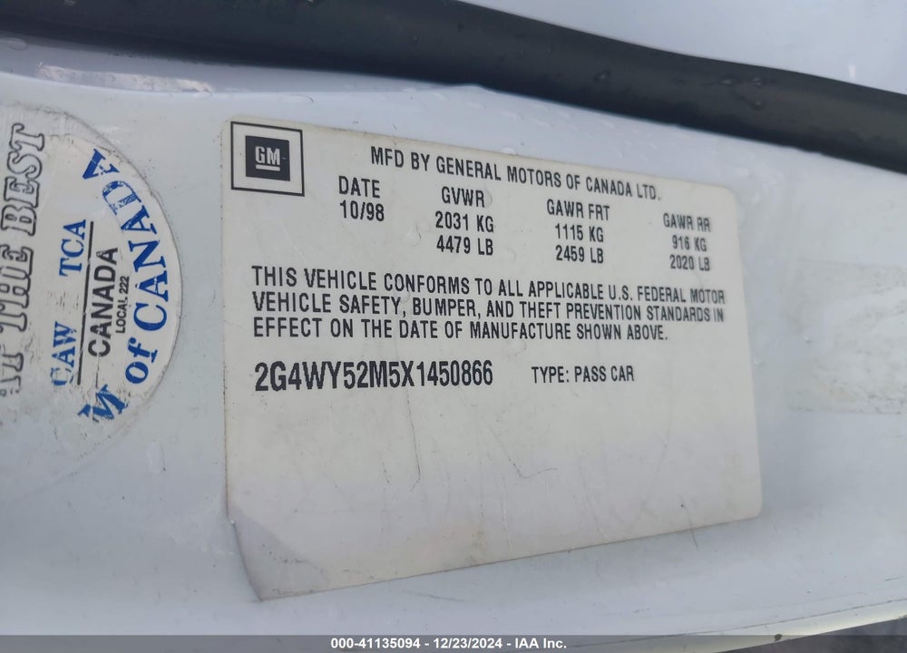 1999 BUICK CENTURY LIMITED CMI VIN: 2G4WY52M5X1450866