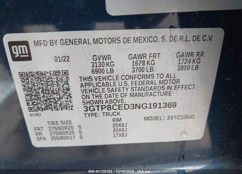 2022 GMC SIERRA 1500 LIMITED 2WD  SHORT BOX ELEVATION VIN: 3GTP8CED3NG191369